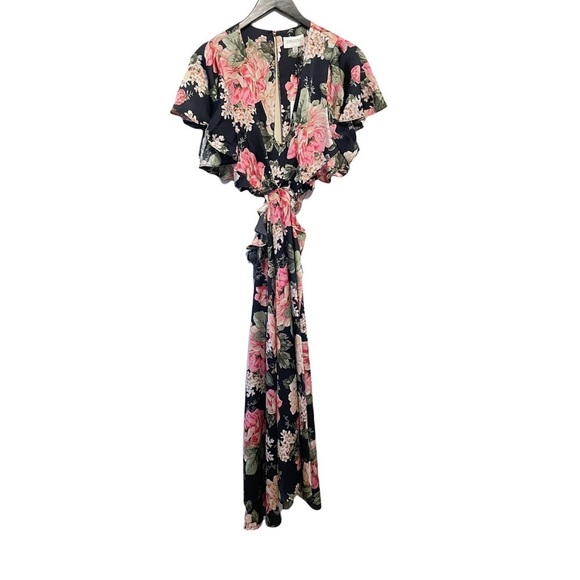 Divine Heritage Floral Cutout V Neck Tie Keyhole Back Flutter Sleeve Midi Dress - Picture 11 of 16